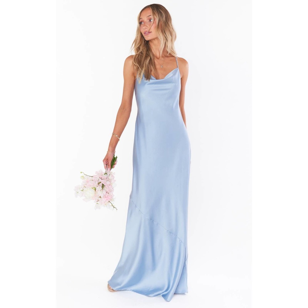 Show Me Your Mumu Tuscany Maxi Slip Dress Steel Blue Luxe Satin Size M